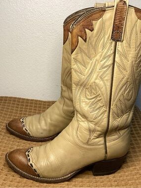 Dan Post Vintage Cream Leather Lizard Toe Western Boots Womens Cowgirl